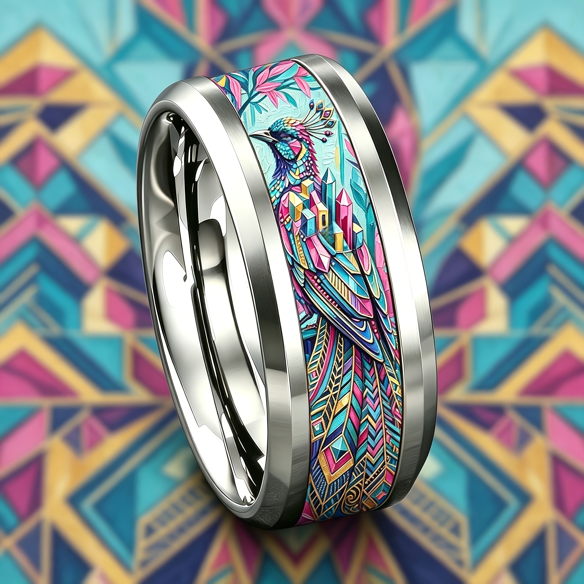 Men's Ethnic Iridescent Peacock Stainless Steel Ring